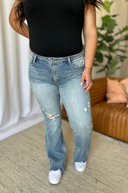 Judy Blue Full Size Medium Rise Tummy Control Destroy Flare Jeans - Love Salve 