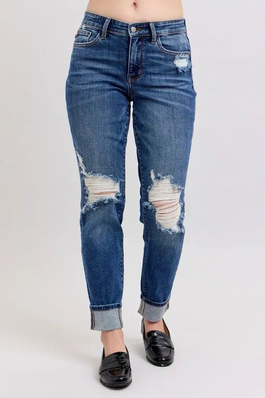 Judy Blue Full Size Mid Rise Boyfriend Destroy Jeans Plus Size - Love Salve 
