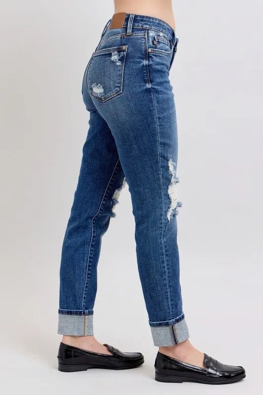 Judy Blue Full Size Mid Rise Boyfriend Destroy Jeans Plus Size - Love Salve 