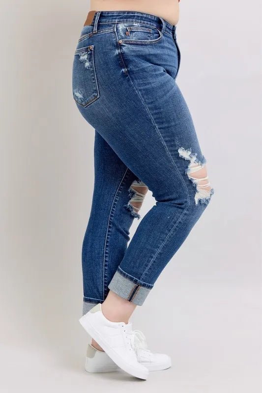Judy Blue Full Size Mid Rise Boyfriend Destroy Jeans Plus Size - Love Salve 