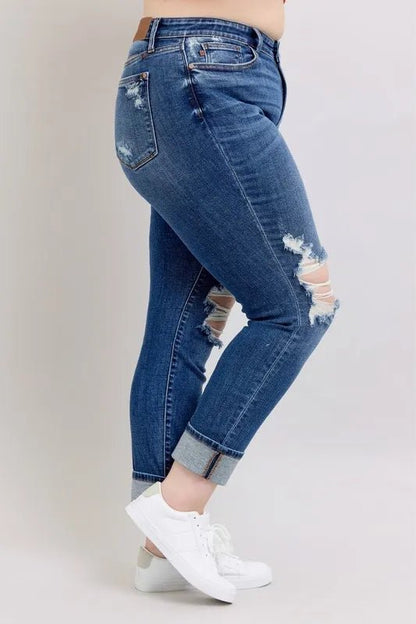 Judy Blue Full Size Mid Rise Boyfriend Destroy Jeans Plus Size - Love Salve 