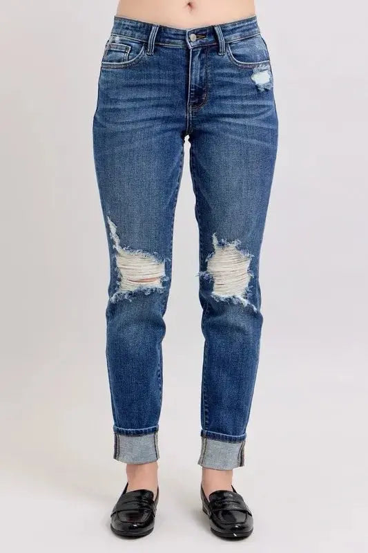 Judy Blue Full Size Mid Rise Boyfriend Destroy Jeans Plus Size - Love Salve 