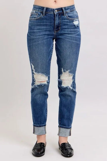Judy Blue Full Size Mid Rise Boyfriend Destroy Jeans Plus Size - Love Salve 