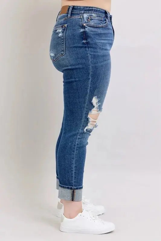 Judy Blue Full Size Mid Rise Boyfriend Destroy Jeans Plus Size - Love Salve 