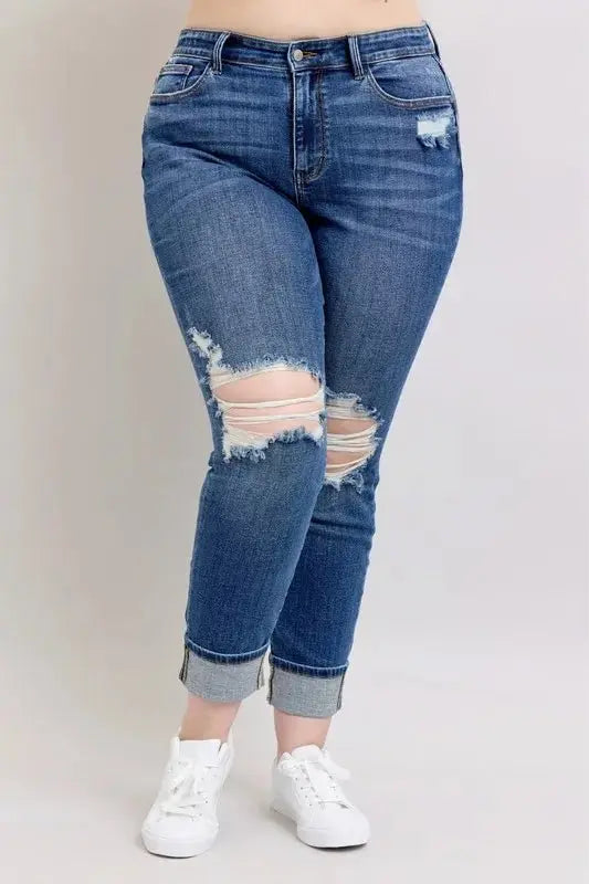 Judy Blue Full Size Mid Rise Boyfriend Destroy Jeans Plus Size - Love Salve 