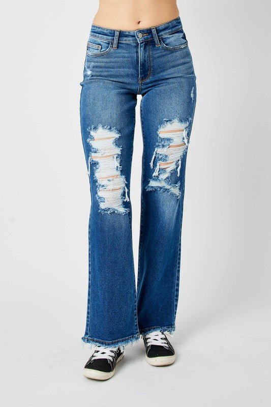 Judy Blue Full Size Mid Rise Distressed Raw Hem Jeans - Love Salve