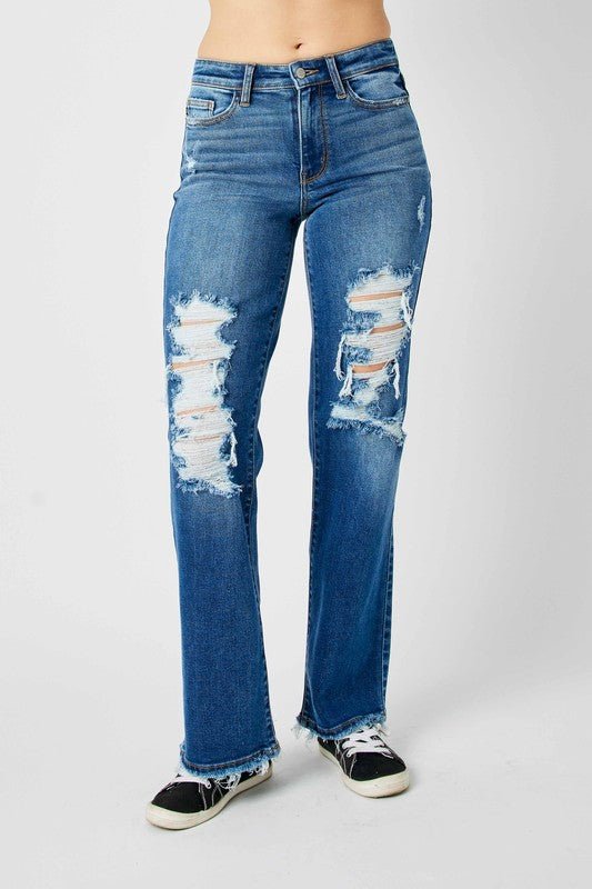 Judy Blue Full Size Mid Rise Distressed Raw Hem Jeans - Love Salve 