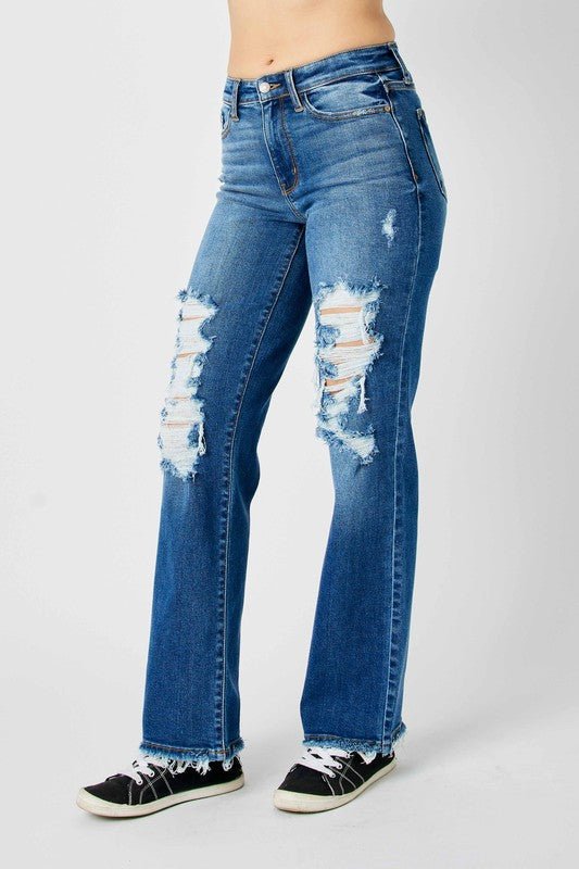 Judy Blue Full Size Mid Rise Distressed Raw Hem Jeans - Love Salve 