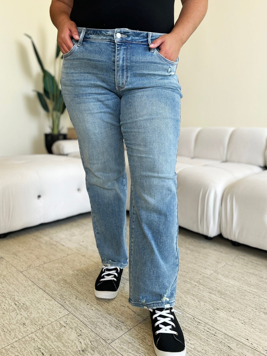 Judy Blue Full Size Mid Rise Distressed Straight Jeans - Love Salve 