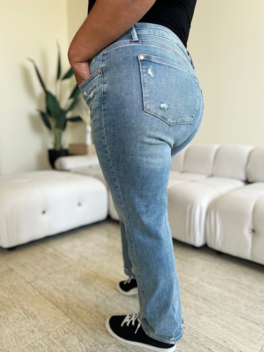 Judy Blue Full Size Mid Rise Distressed Straight Jeans - Love Salve