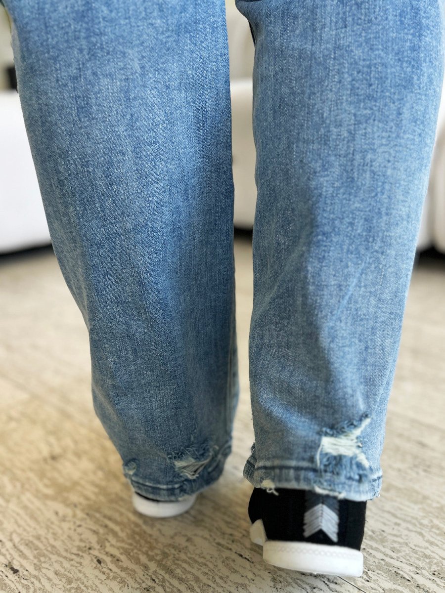 Judy Blue Full Size Mid Rise Distressed Straight Jeans - Love Salve 