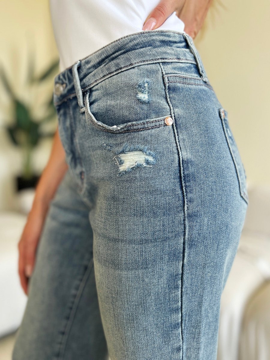 Judy Blue Full Size Mid Rise Distressed Straight Jeans - Love Salve