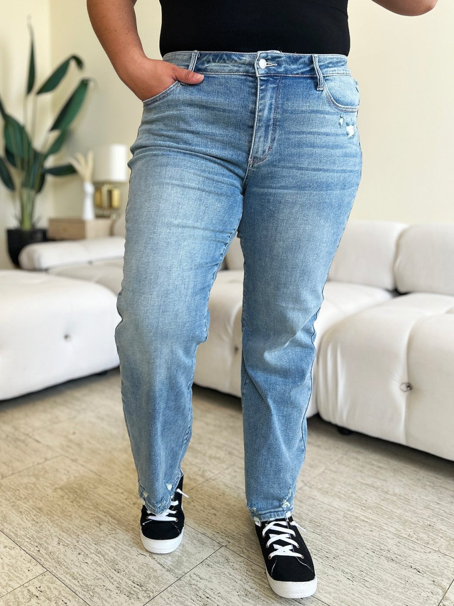 Judy Blue Full Size Mid Rise Distressed Straight Jeans - Love Salve