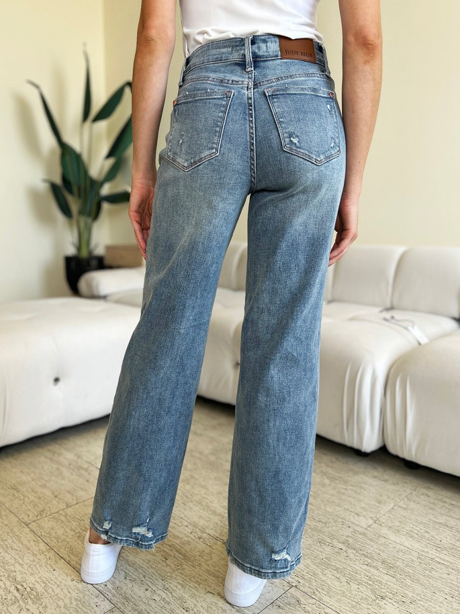 Judy Blue Full Size Mid Rise Distressed Straight Jeans - Love Salve