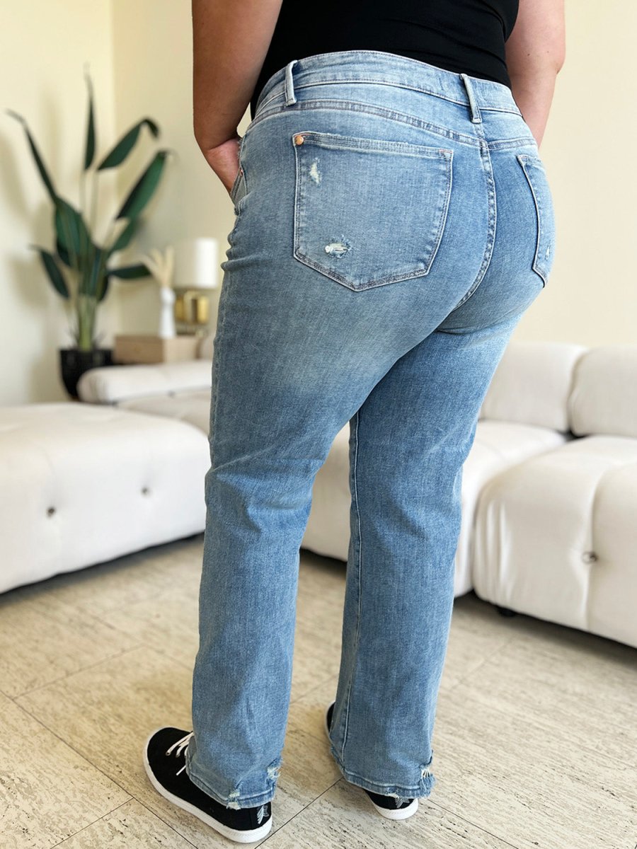 Judy Blue Full Size Mid Rise Distressed Straight Jeans - Love Salve