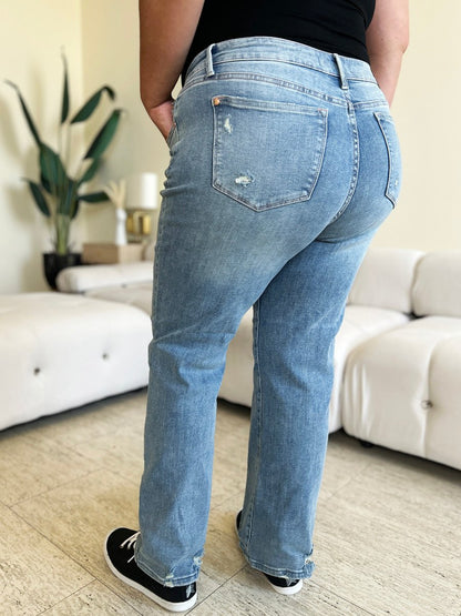 Judy Blue Full Size Mid Rise Distressed Straight Jeans - Love Salve