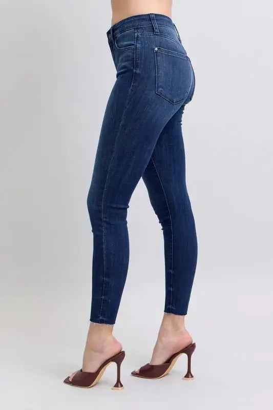 Judy Blue Full Size Mid Rise Skinny Jeans with Raw Hem Plus Size - Love Salve 