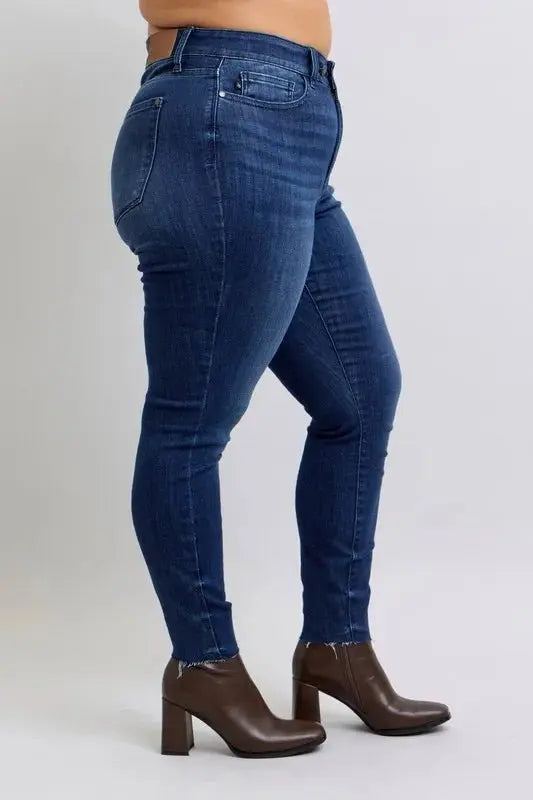 Judy Blue Full Size Mid Rise Skinny Jeans with Raw Hem Plus Size - Love Salve 
