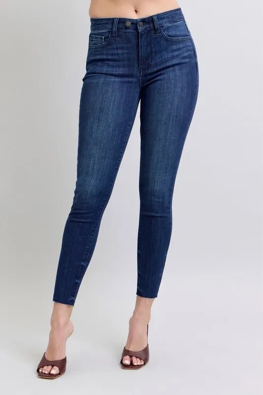 Judy Blue Full Size Mid Rise Skinny Jeans with Raw Hem Plus Size - Love Salve 