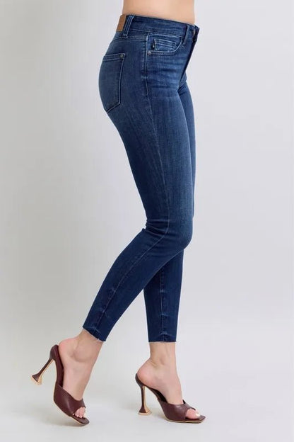Judy Blue Full Size Mid Rise Skinny Jeans with Raw Hem Plus Size - Love Salve 
