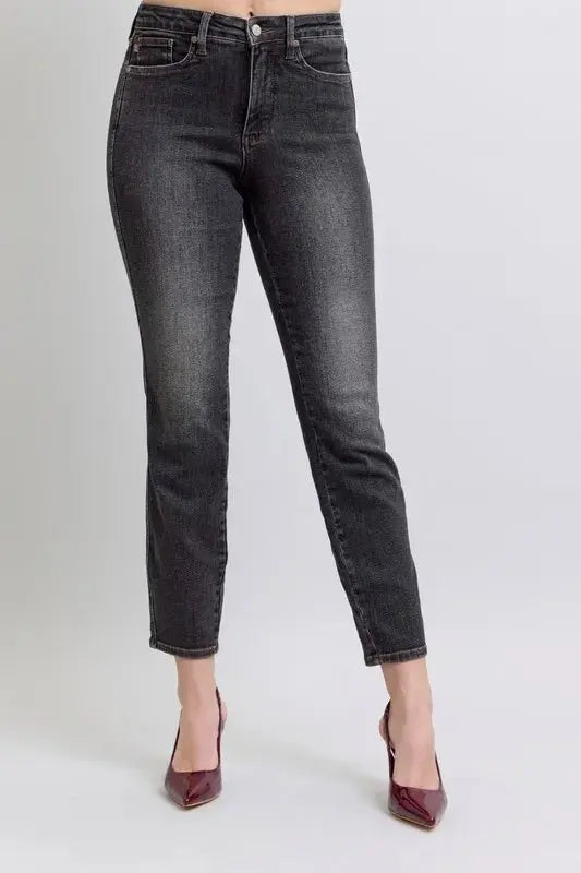 Judy Blue Full Size Mid Rise Tummy Control Slim Jeans Plus Size - Love Salve 