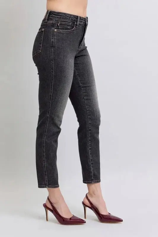 Judy Blue Full Size Mid Rise Tummy Control Slim Jeans Plus Size - Love Salve 