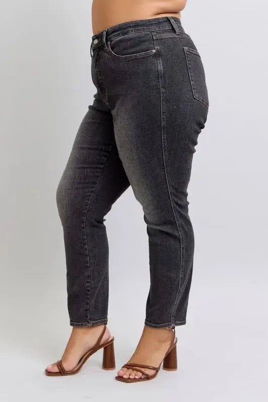 Judy Blue Full Size Mid Rise Tummy Control Slim Jeans Plus Size - Love Salve 