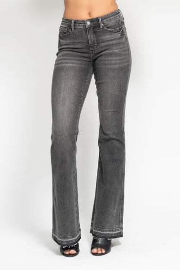 Judy Blue Full Size Mid Rise Tummy Control Washed Gray Flare Jeans Plus Size - Love Salve 