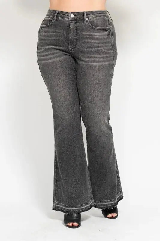 Judy Blue Full Size Mid Rise Tummy Control Washed Gray Flare Jeans Plus Size - Love Salve 