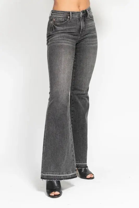 Judy Blue Full Size Mid Rise Tummy Control Washed Gray Flare Jeans Plus Size - Love Salve 