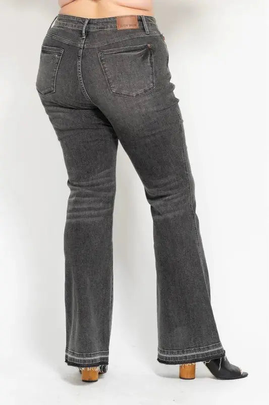 Judy Blue Full Size Mid Rise Tummy Control Washed Gray Flare Jeans Plus Size - Love Salve 