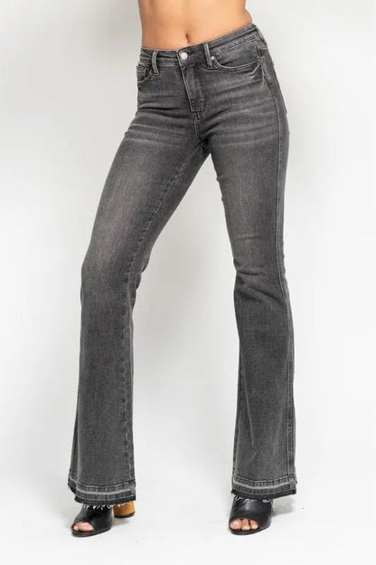 Judy Blue Full Size Mid Rise Tummy Control Washed Gray Flare Jeans Plus Size - Love Salve 