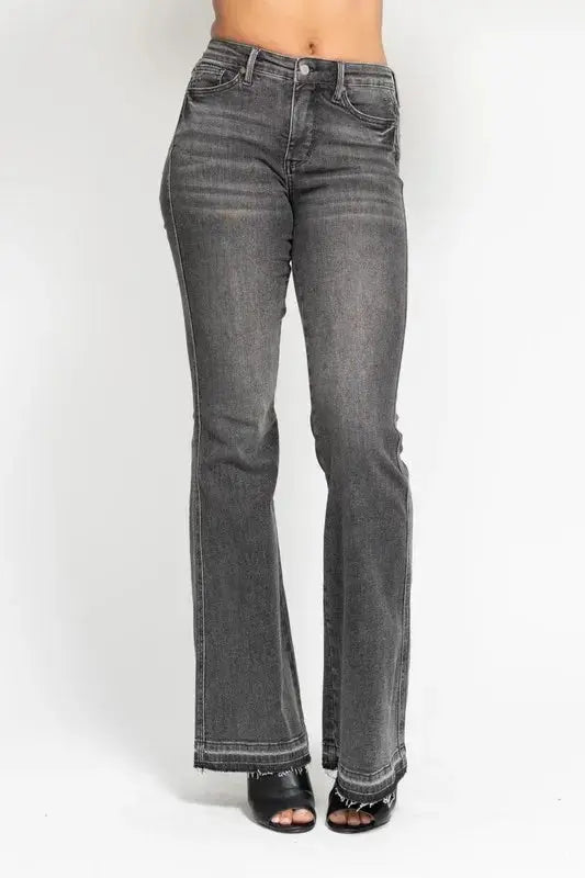 Judy Blue Full Size Mid Rise Tummy Control Washed Gray Flare Jeans Plus Size - Love Salve 
