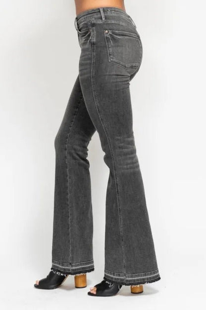 Judy Blue Full Size Mid Rise Tummy Control Washed Gray Flare Jeans Plus Size - Love Salve 