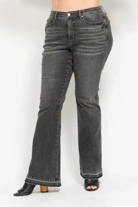 Judy Blue Full Size Mid Rise Tummy Control Washed Gray Flare Jeans Plus Size - Love Salve 
