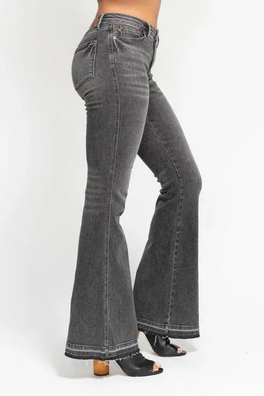 Judy Blue Full Size Mid Rise Tummy Control Washed Gray Flare Jeans Plus Size - Love Salve 