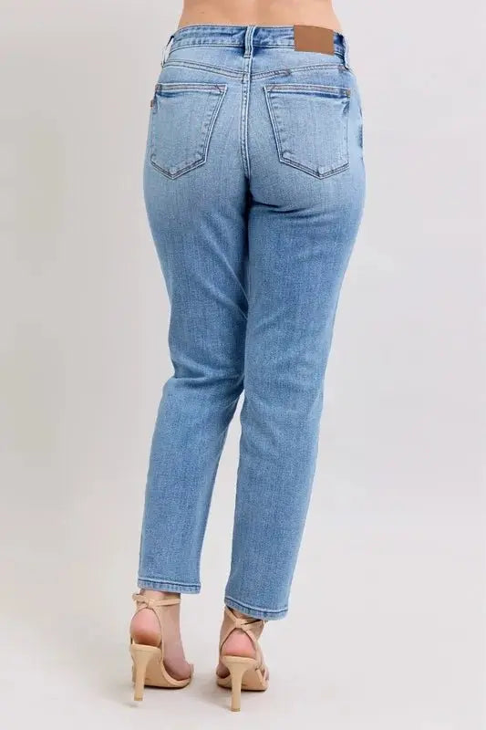 Judy Blue Full Size Mid Rise Vintage Wash Slim Jeans Plus Size - Love Salve 
