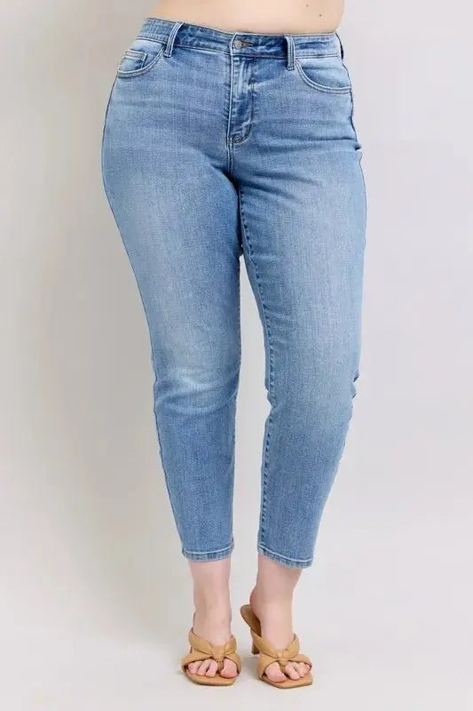 Judy Blue Full Size Mid Rise Vintage Wash Slim Jeans Plus Size - Love Salve 