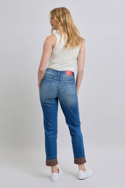 Judy Blue Full Size Plaid Print Cuff Straight Leg Jeans with Pockets - Love Salve 