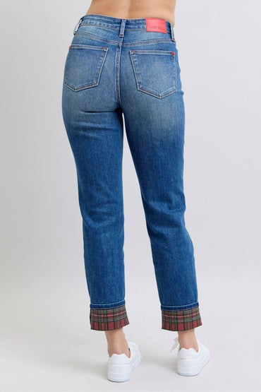 Judy Blue Full Size Plaid Print Cuff Straight Leg Jeans with Pockets - Love Salve 
