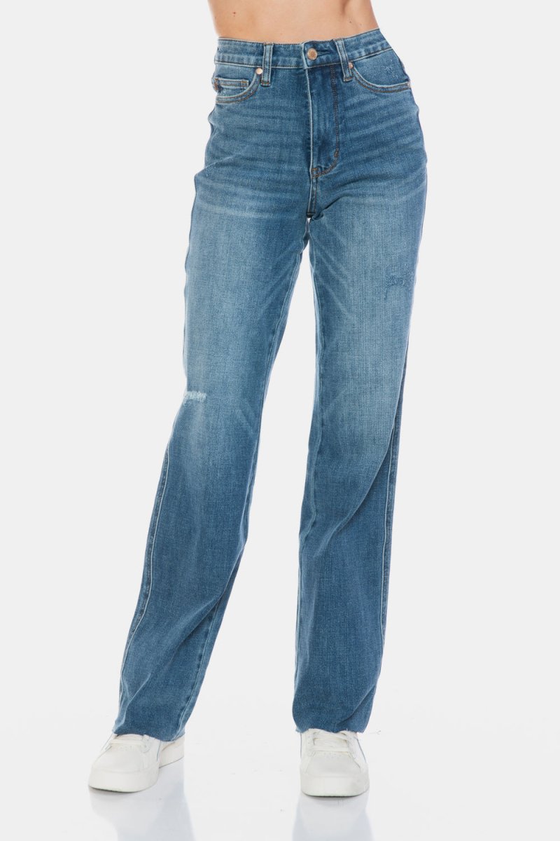 Judy Blue Full Size Tummy Control Cut Raw Hem Straight Jeans - Love Salve 