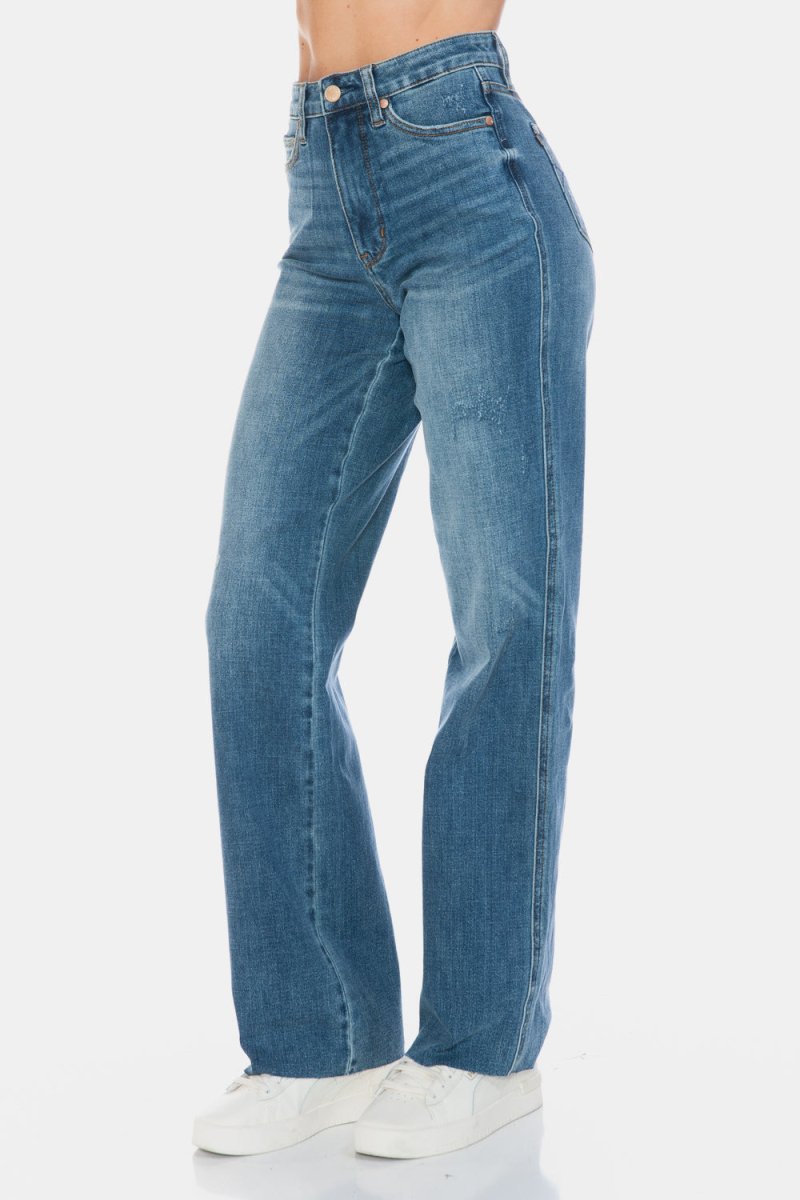 Judy Blue Full Size Tummy Control Cut Raw Hem Straight Jeans - Love Salve 