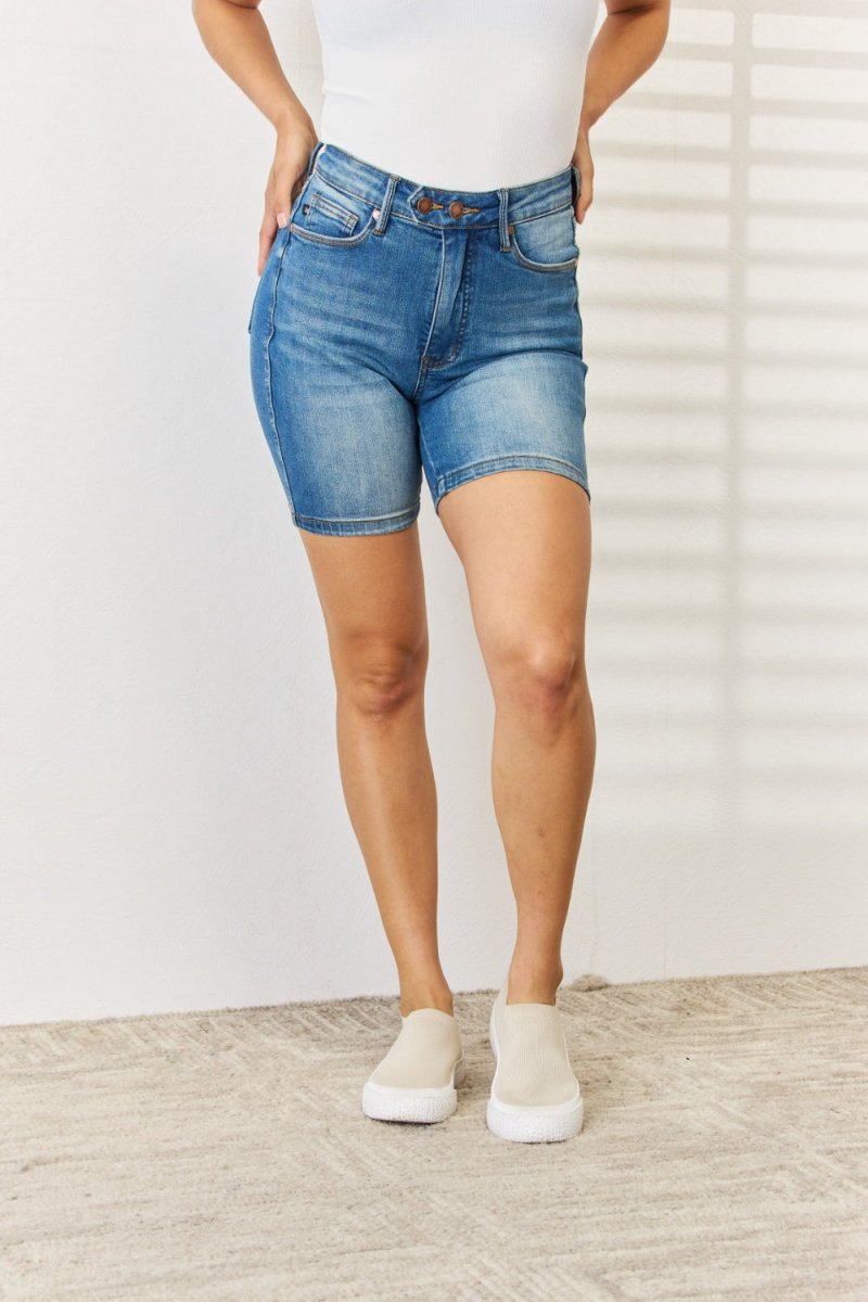 Judy Blue Full Size Tummy Control Double Button Denim Shorts - Love Salve 