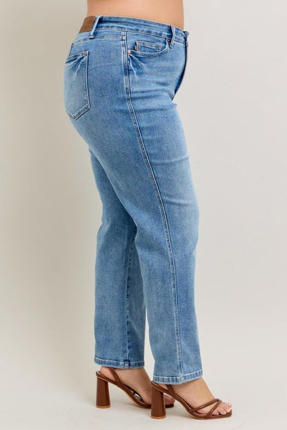 Judy Blue Full Size Tummy Control Vintage Wash Straight Jeans Plus Size - Love Salve 