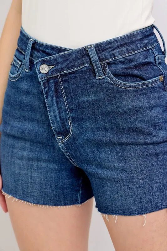 Judy Blue High Waist Criss-Cross Waistband Denim Shorts - Love Salve 