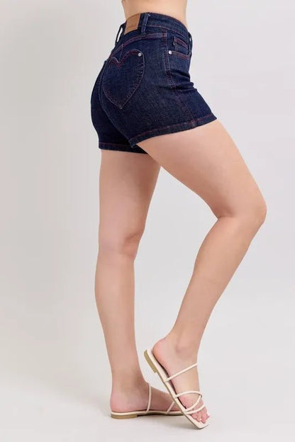 Judy Blue High Waist Heart Shaped Pkts & Red Contrast Thread Denim Shorts - Love Salve 