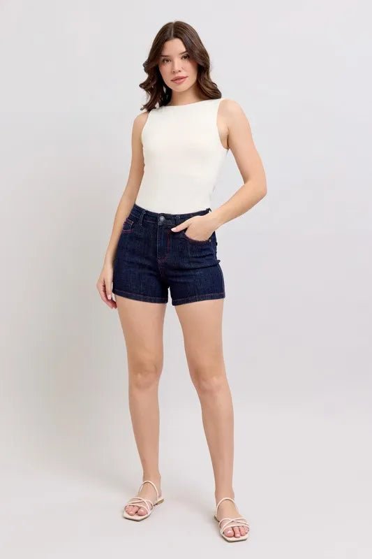 Judy Blue High Waist Heart Shaped Pkts & Red Contrast Thread Denim Shorts - Love Salve 