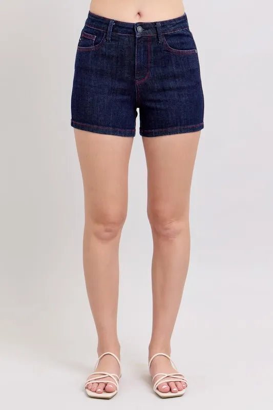 Judy Blue High Waist Heart Shaped Pkts & Red Contrast Thread Denim Shorts - Love Salve 