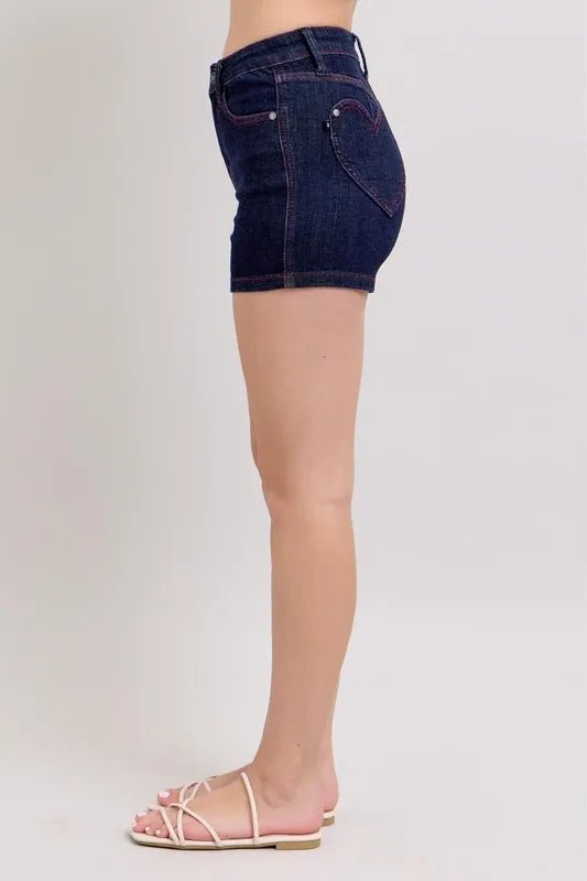 Judy Blue High Waist Heart Shaped Pkts & Red Contrast Thread Denim Shorts - Love Salve 