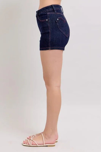 Judy Blue High Waist Heart Shaped Pkts & Red Contrast Thread Denim Shorts - Love Salve 